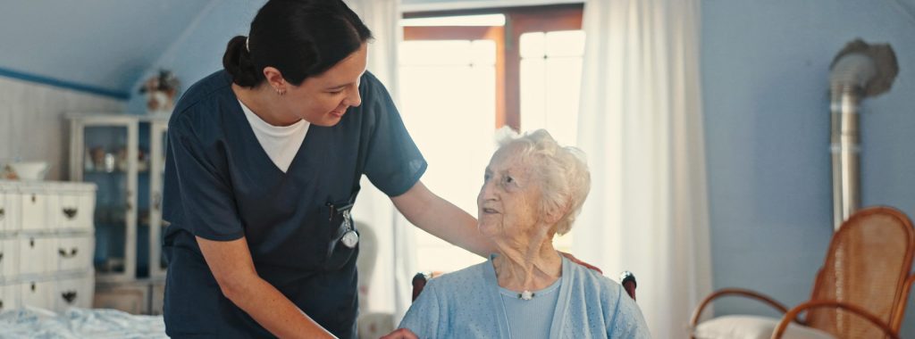 Wheelchair, nurse and support with old woman in bedroom for healthcare, caregiver and retirement. Volunteer, medical and elderly care with senior patient in nursing home for rehabilitation and trust.